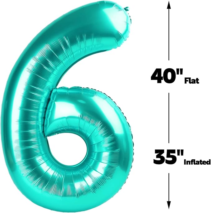 Teal Blue 40 Inch Mylar Foil Number 6 Balloon, Birthday Digital Balloons for 6 16 Boy Girl Party Decorations Supplies,Teal Blue Big Helium Balloon Numbers for 26 36 46 60 Men Women Anniversary