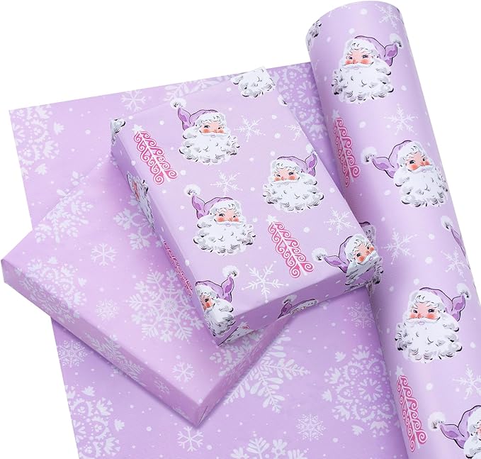 WRAPAHOLIC 30 Inch Jumbo Reversible Christmas Wrapping Paper - 30 Inch x 33 Feet - Purple Santa Claus and Snowflake with Embossed for Christmas, Holiday, Party Celebration