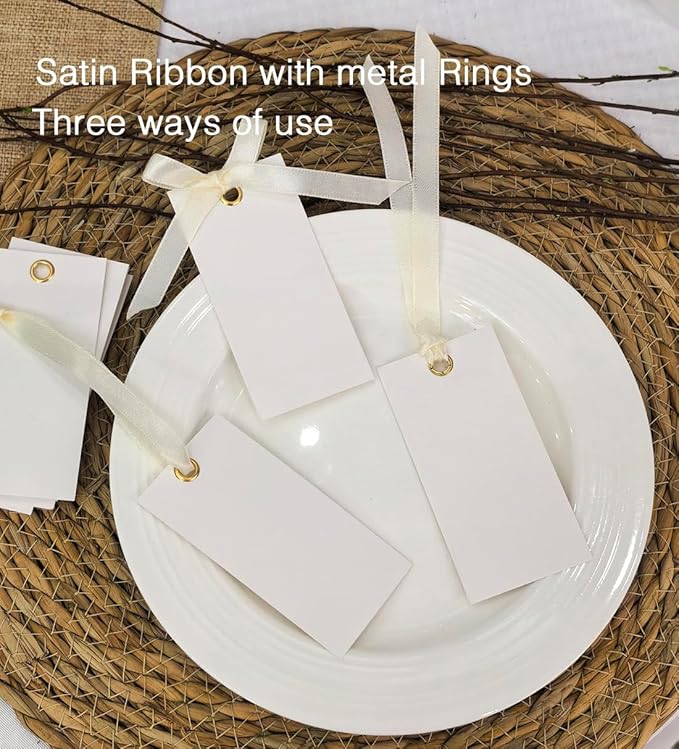 25 Pcs Name Place Cards Blank Seat Card, 2 x 4 in Table Cards with Stain Ribbon, Wedding Place Card, Hanging Tags for Wedding table Setting Reserved Chairs Signs Dinner Banquet Parties.(Beige)