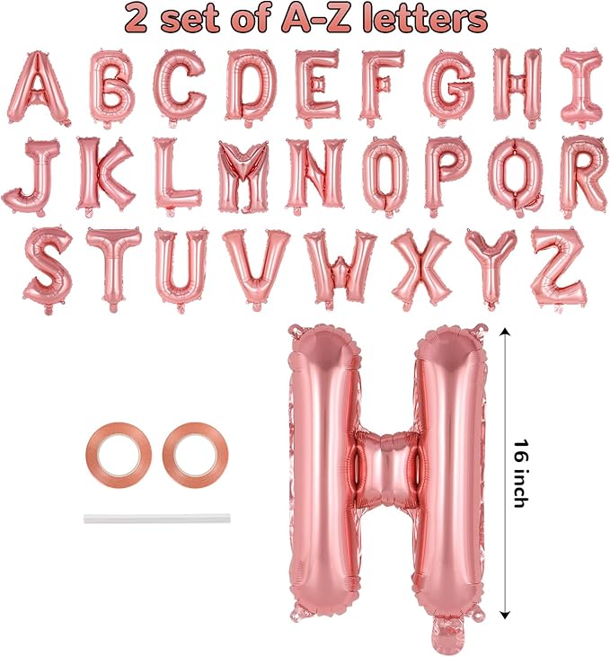 52 Pcs Rose Gold Letter Balloons,16 Inch Foil Alphabet Letter Balloons,Letter A-Z Balloon Banner Custom Phrase Balloon for Birthday Party Wedding Anniversary Decoration (Rosegold 52pcs)