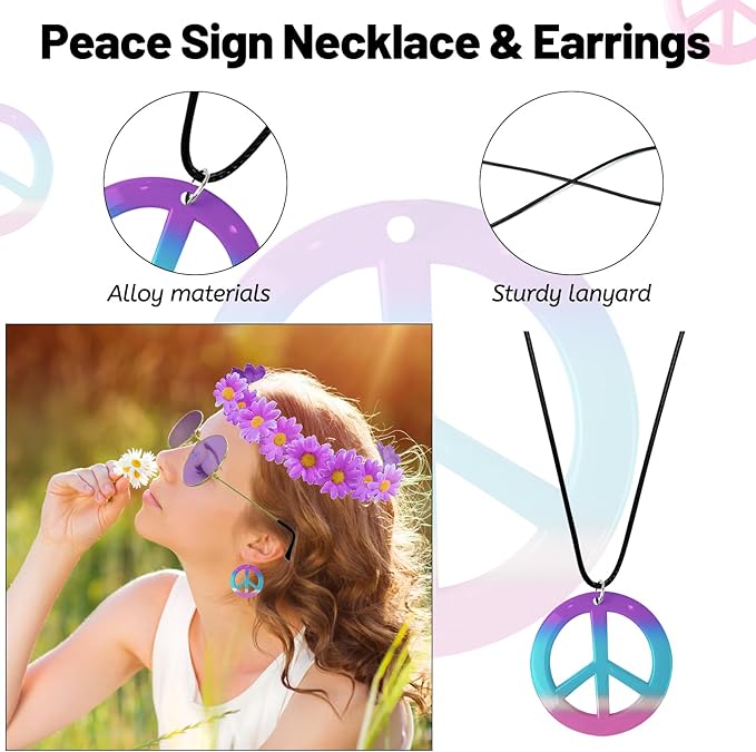 Hippie Costume Set Includes Peace Sign Necklace and Earring, Flower Crown Headband and Sunglasses 60s 70s Party Accessories
