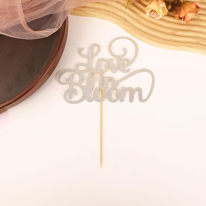 Love in Bloom Cake Topper - Glitter Silver Bridal Shower Cake Decoration, Wedding & Engagement Cake Pick (Silver)