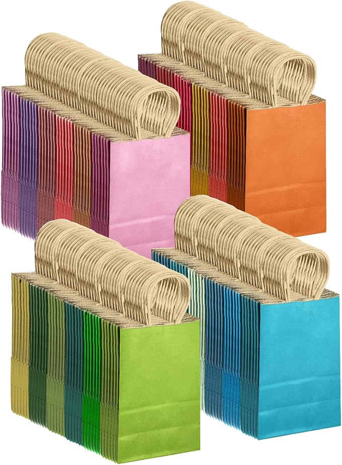 qiqee 24Pcs Medium Gift Paper Bag with Handles Bulk - 10.6"x8.3"x4.3" Rainbow Party Bags - Mulit Color