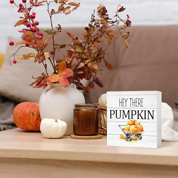 Funny Autumn Wood Box Sign Hey There Pumpkins Wooden Block Desk Decor for Home Office Kitchen Cubicle Table Shelf Tabletop,Farmhouse Fall Sign Decor