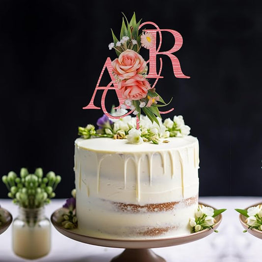 Wedding Cake Topper with 3D Artificial Flowers and Green Leaves Custom Initials Personalized Wooden Anniversary Cake Decoration (Pink)