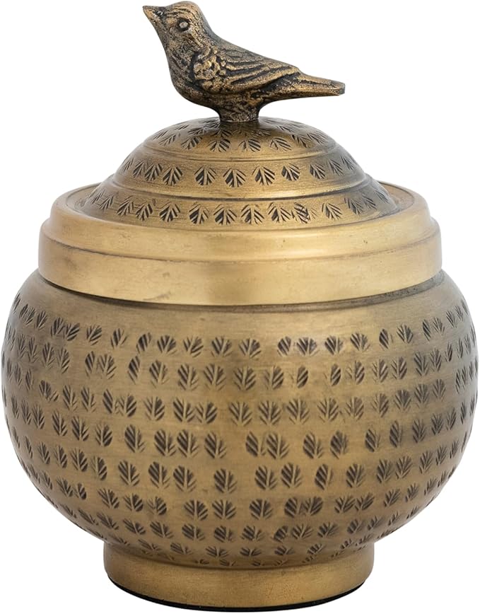 Creative Co-Op Round Hammered Metal Container with Bird Finial, Brass Finish