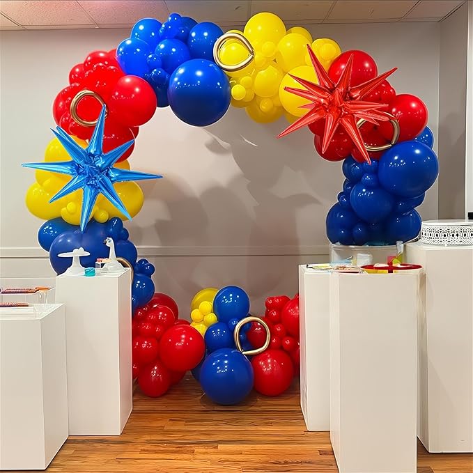 126Pcs Red Blue Yellow Balloon Arch Kit, Cartoon Hedgehog Theme Primary Color Balloon with Gold Circle Explosion Star Foil Balloon Garland Set for Boys Kids Carnival Circus Birthday Party Decorations