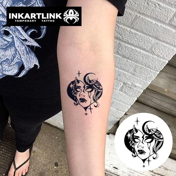 INKARTLINK 2 Sheets Medium Semi Permanent Tattoos, Temporary Tattoos, Adult Art Designs, Waterproof, Realistic, No Adhesive, No Reflective, Lasts 1-2 Weeks (Dark Moon Queen)