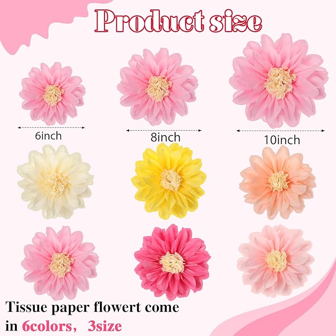 Geyee 18 Pcs Mexican Paper Flowers Colorful Fiesta Tissue Paper Flowers Pom Poms Mexican Carnival for Floral Party Backdrop Wedding Birthday Party Craft, 6" 8" 10" (Vivid Color)