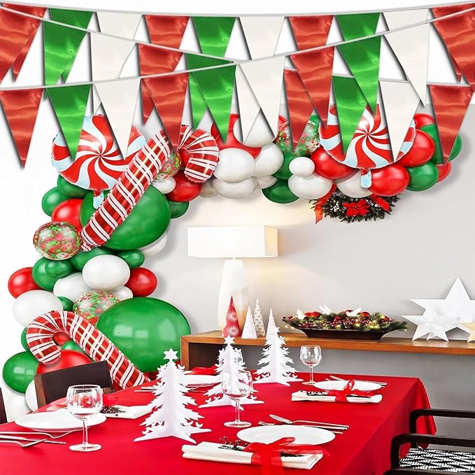 40M/130FT White Green Red Triangle Pennant Banner Flag Metallic Fabric Bunting Garland for Christmas Italy Mexican Birthday Baby Shower Wedding Banners,New Years Winter Decor Ouruola