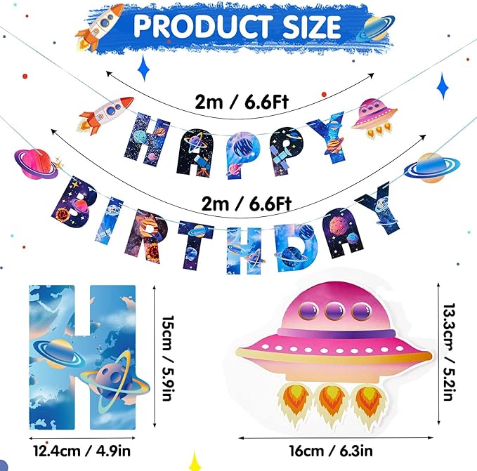 SUNBEAUTY Universe Outer Space Theme Birthday Banner Galaxy Happy Birthday Party Decoration Space Birthday Decorations Solar System Decoration | Pre-Strung
