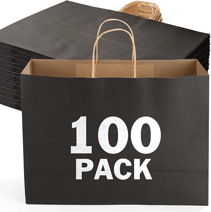 XPCARE 100Pack Large Kraft Paper Bags with Handles Bulk, 16x6x12 Inch Black Paper Bag Kraft Shopping Bags for Business Merchandise Wedding Party Favor Bag
