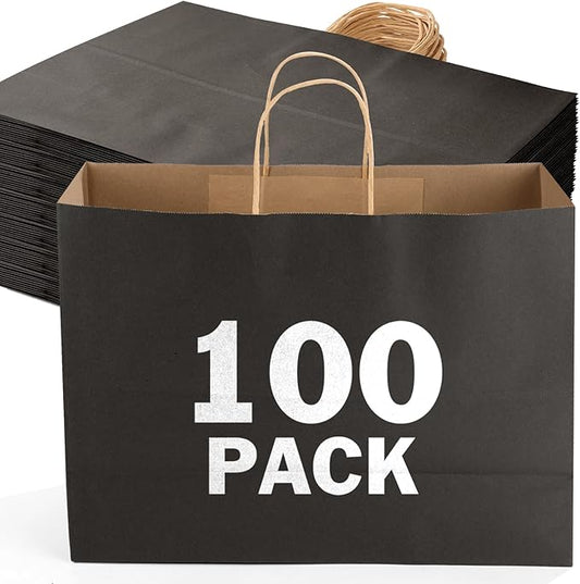 XPCARE 100Pack Large Kraft Paper Bags with Handles Bulk, 16x6x12 Inch Black Paper Bag Kraft Shopping Bags for Business Merchandise Wedding Party Favor Bag