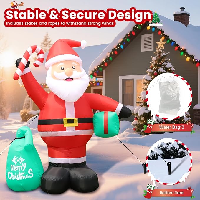 Christmas Decorations, 4.2FT Inflatable Santa Claus with Candy Cane and Gift Bag, Built-in LED Light and Blow Up Xmas Holiday Decor for Garden Lawn Yard Bistro Outdoor and Indoor