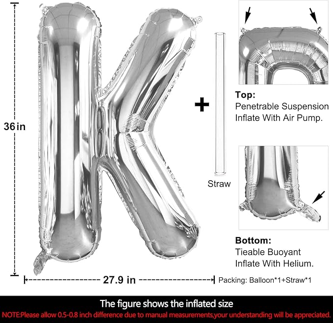 Lovoir 40 Inch Large Silver Letter K Balloons Big Size Jumbo Mylar Foil Helium Balloon for Birthday Party Celebration Decorations Alphabet Silver K