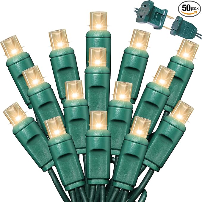LAMPHOME 50Count String Lights, LED Christmas Lights, 6" SPACING,Green Wire,Warm White,Commercial Grade