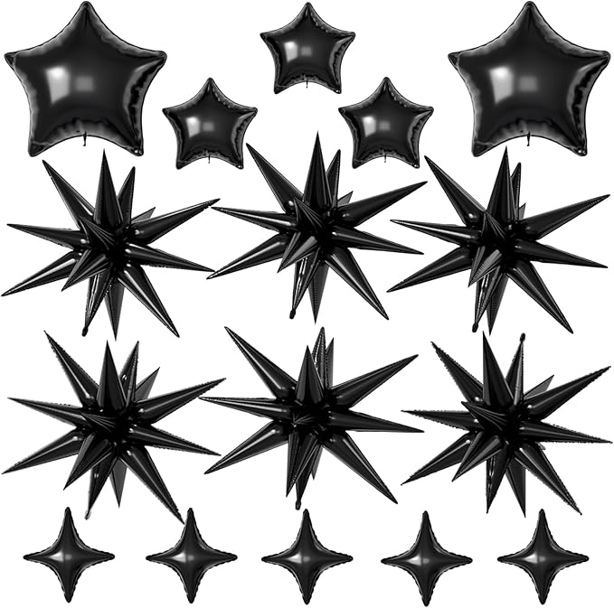16 Pcs Black Star Balloons,22/18/10 Inch Foil Balloons, Four-Pointed Balloon for Kids Birthday Graduation Celebration Wedding Baby Shower Party Decorations