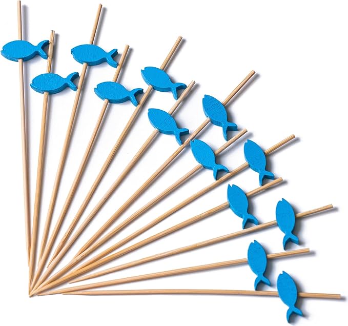 PuTwo Cocktail Toothpicks 100 Counts Cocktail Picks Handmade Natural Bamboo Cocktail Sticks Eco-Friendly Appetizer Skewers for Cocktail Appetizers Fruits Dessert - Blue Fishes