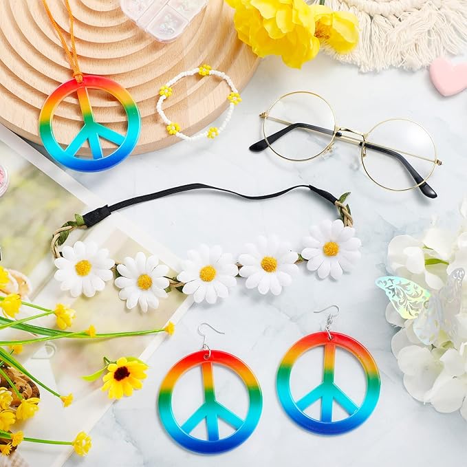 Batiyeer 6 Pcs Hippie Costume Accessories Set, Boho Peace Sign Daisy Flower 60s 70s Party Favors Decor for Groovy Party Women(White)