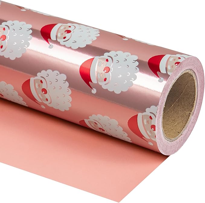WRAPAHOLIC 30 Inch Jumbo Reversible Christmas Wrapping Paper - 30 Inch x 100 Feet Jumbo Roll Santa Claus Wrapping Paper and Solid Rose Gold Design with Metallic Foil Shine for Chrsitmas, Holiday