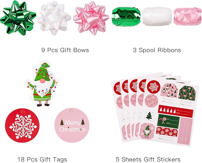 WRAPAHOLIC Christmas Wrapping Paper Set - Christmas Gnome Elf Holiday Collection Wrapping Paper Bundle with Gift Bow & Ribbon & Tag & Sticker