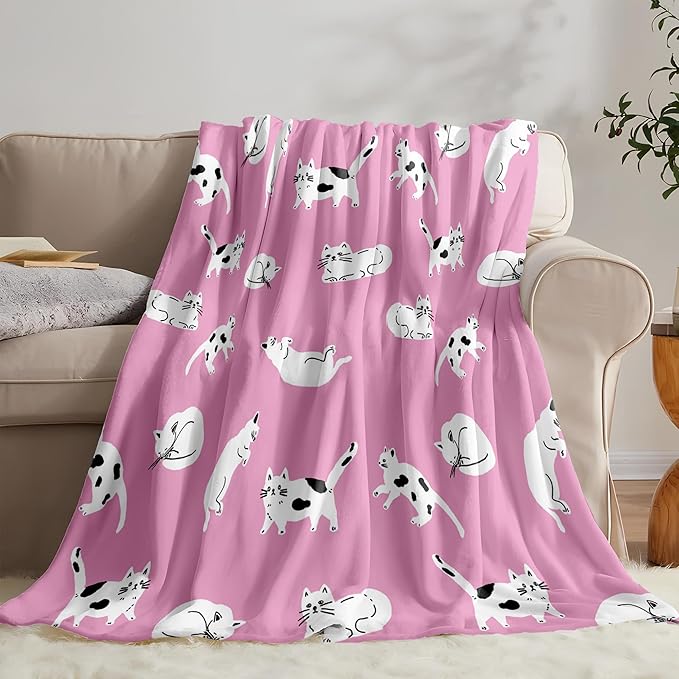Cat Lover Flannel Blanket – 300GSM Soft Fleece Throw, Single-Sided Printed Cute Cat Design, Cozy & Lightweight for Sofa, Bed, Travel, Kids & Pets – Pink Kitty Theme Blanket