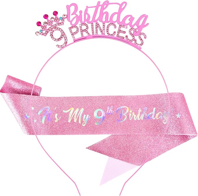 VELSCRUN 2nd 3rd 4-9th Birthday Princess Headband Pink Tiara Crown for Girls It's My Birthday Sash Party Decorations Gifts