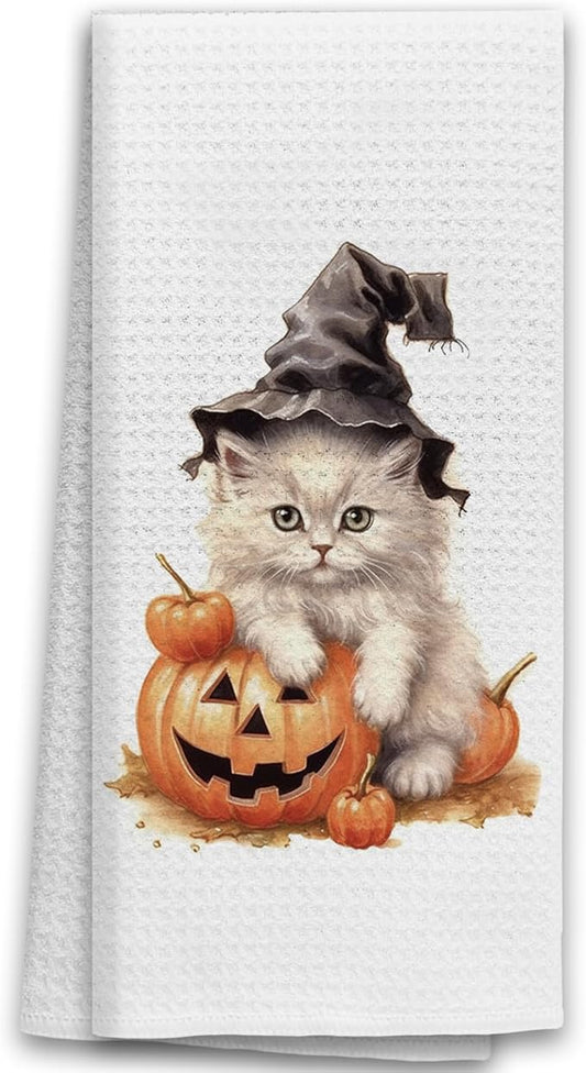 TNUW Halloween Cat Kitchen Towel - 16X24In, Halloween Cat Pumpkin Towels for Kitchen Bathroom Decor, Fall Autumn Animal Decorative Hand Towel for Bathroom Decor