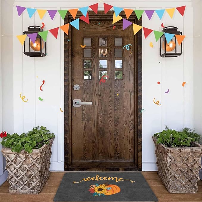 InterestPrint Fall Door Mat with Non-Slip Backing, Welcome Pumpkin Doormat Front Porch Rug Welcome Mats for Autumn Halloween Thanksgiving Farmhouse Decor, 24"x16"inch