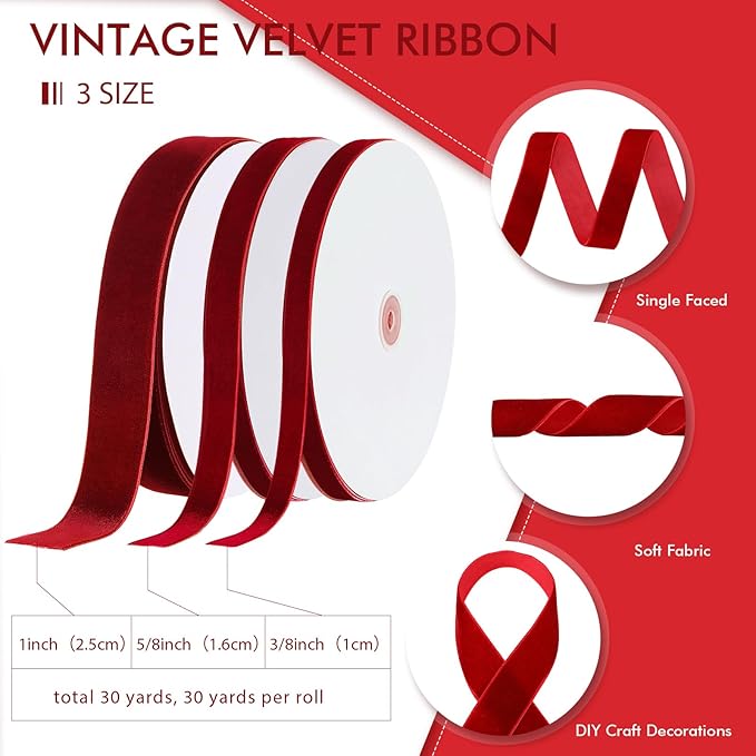 Yilloog 3/8'' 5/8'' 1'' 90 Yards Christmas Velvet Ribbon Vintage Satin Fabric Velvet Ribbon Roll for Christmas Tree Ornaments Decoration Gift Wrapping Bow DIY Crafts (Burgundy)