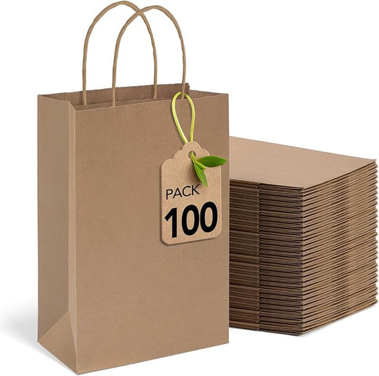 MESHA Brown Paper Bags 5.25x3.75x8 Inch Kraft Small Gift Bags with Handles Bulk,100 Pack for Small Business,Birthday Wedding Party Favor