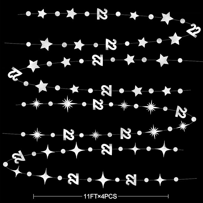 Silver 22nd Birthday Decorations Number 22 Circle Dot Star Garland Streamer Bunting Banner Backdrop for Women Mens Feeling 22 Twenty Two Years Old Birthday Happy 22th Anniversary Party Supplies