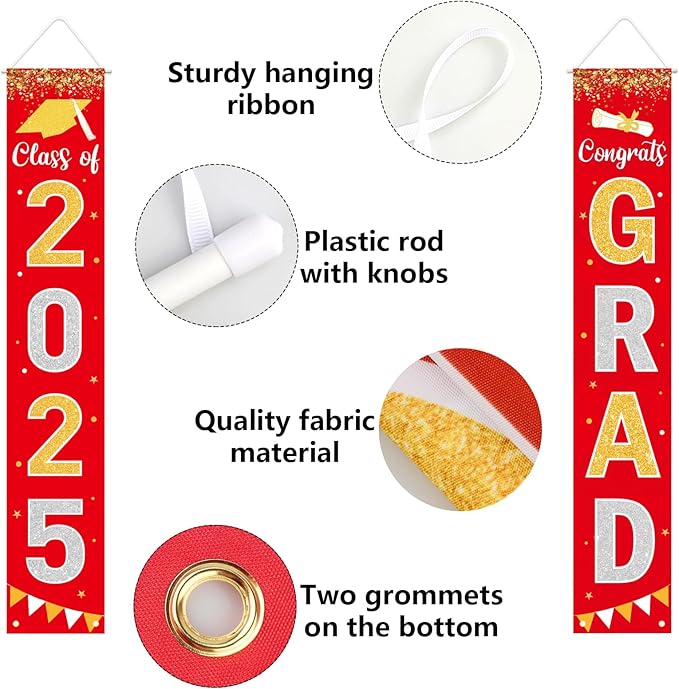 Graduation Decorations 2025 GRAD Banner Red Porch Door Sign Welcome Banner For Indoor Outdoor Wall Graduation Decorations Class of 2025