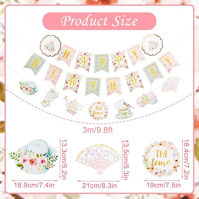 SUNBEAUTY Floral Tea Party Birthday Decorations Tea Happy Birthday Banner Floral Garland Birthday Banner for Alice in Wonderland Tea Party Decorations Photo Booth Backdrop | Pre-Strung
