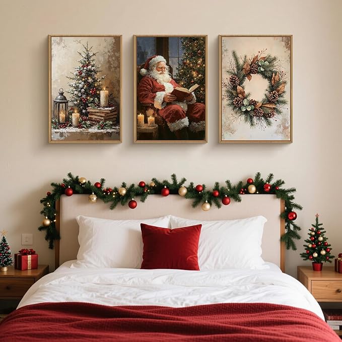 HOURIA Vintage Christmas Framed Canvas Wall Art Set,Santa Claus Reading Book Decor, Wreath Pinecone Berries Artwork,Cozy Night Tree Candle Lantern Prints for Living Room,Xmas 16"x24"x3