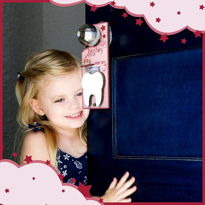Tooth Fairy Holder Bag Door Hanger with Money Slot Keepsake Bottle Velvet Pouch Teeth Fairy Box Encourage Gift for Lost Teeth Boy Girl Milk (Fresh,Pink)