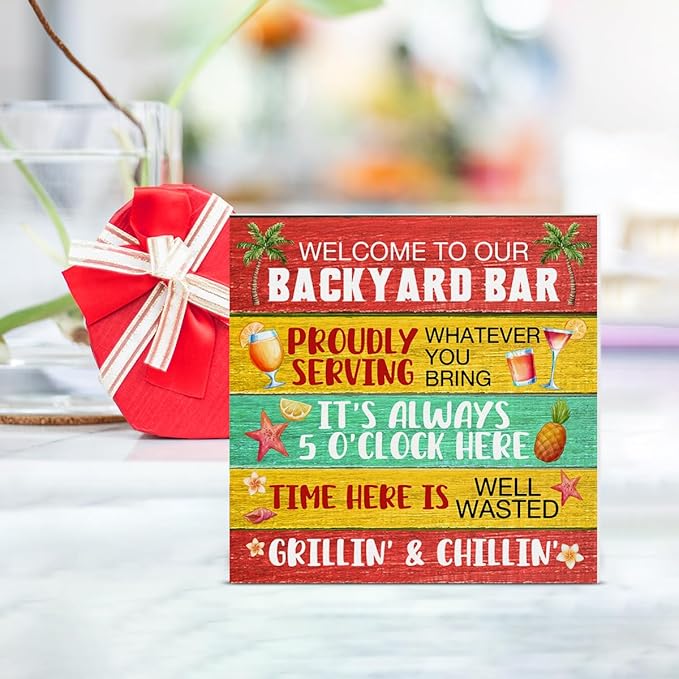Backyard Bar Decor Bar Wood Block Sign Summer Decorations for Home Desk Table Shelf 5 x 5 Inches