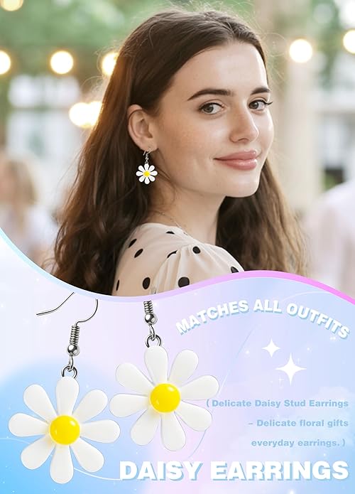 70s Women Accessories for Outfits Acrylic Daisy Costume Adult Flower Drop Earrings for Women – Lightweight Yellow Dangle Jewelry, Cute Summer Accessories