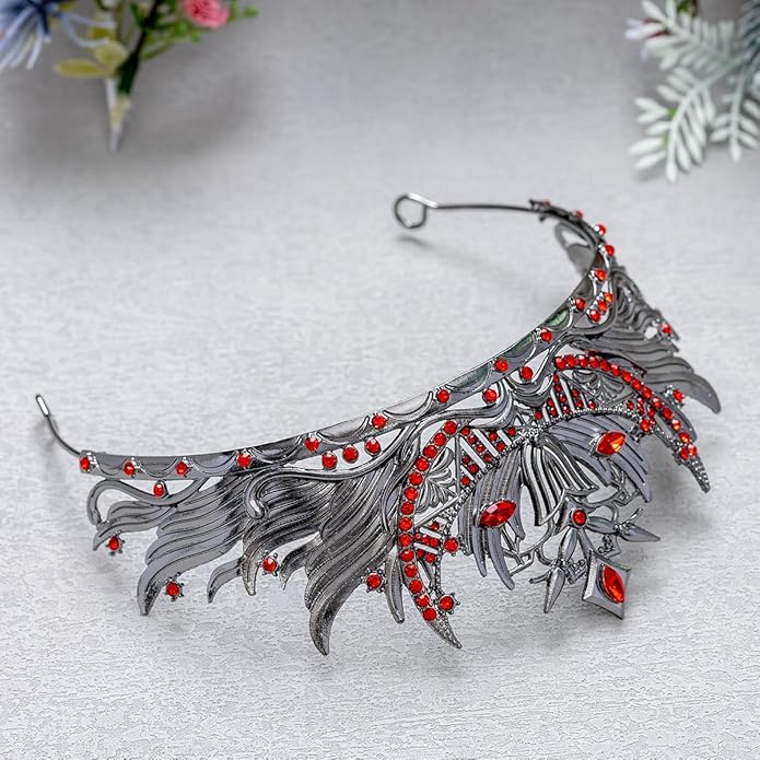 Gothic Red Crystal Flame Wing Tiara Crown for Women Girls, Halloween Cosplay Dark Queen Headpiece, Vintage Rhinestone Headband for Masquerade Party Wedding Prom Stage Accessories