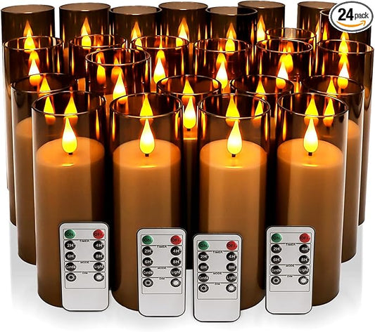 24-Pack Grey LED Flameless Pillar Candles with Remote Control - Perfect for Home, Parties, and Special Festivals Decorations - Indoor/Outdoor