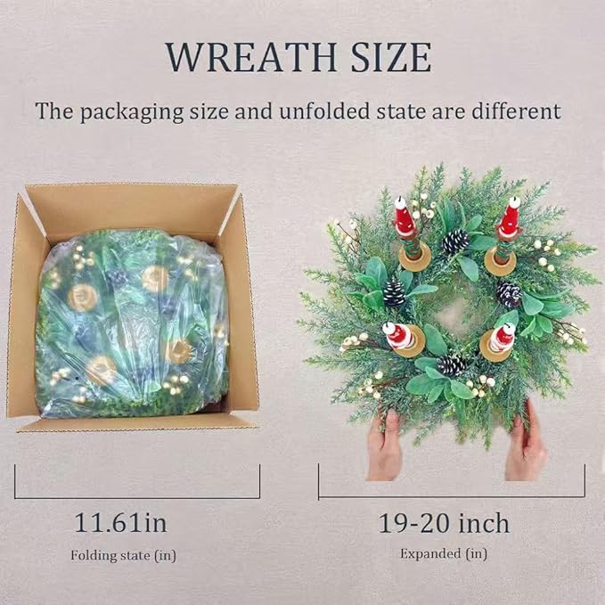20 Inch Christmas Candlestick Wreath for Front Door,Artificial Snowy Pine Wood Paired with Off White Berries Used for Window, Wall, Porch, and Other Indoor and Outdoor Home Decorations
