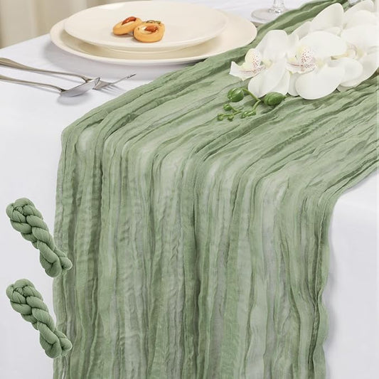 NESCCI 2 Pack Sage Green Table Runner,Rustic Boho Cheesecloth Table Runner,35x120 Inches Runners for Tables, Pefect for Mothers Day Wedding Baby Shower Birthday Party Home Decorations
