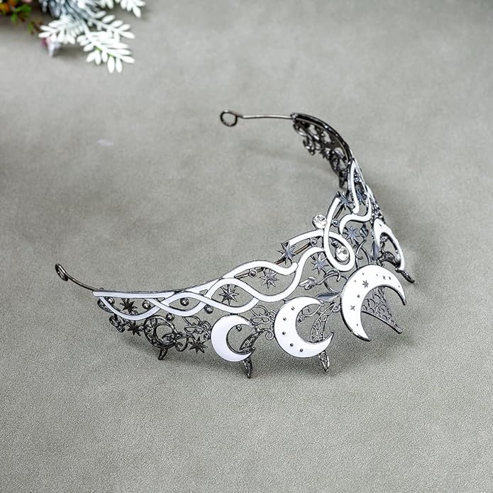 Gothic Black Moon Star Tiara Crown for Women Girls, Retro Celestial Witch Headpiece with Crescent Moon and Stars, Costume Cosplay Halloween Party Prom Wedding Birthday Accessories