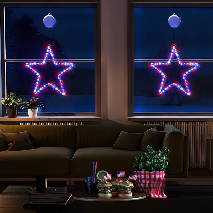 BlcTec 4th of July Decorations, 2 Pack Patriotic Red White Blue Star Window Lights with Suction Cups, Timer, Battery Operated Durable Metal Frame Silhouette Lights for July 4th Window Wall Decorations