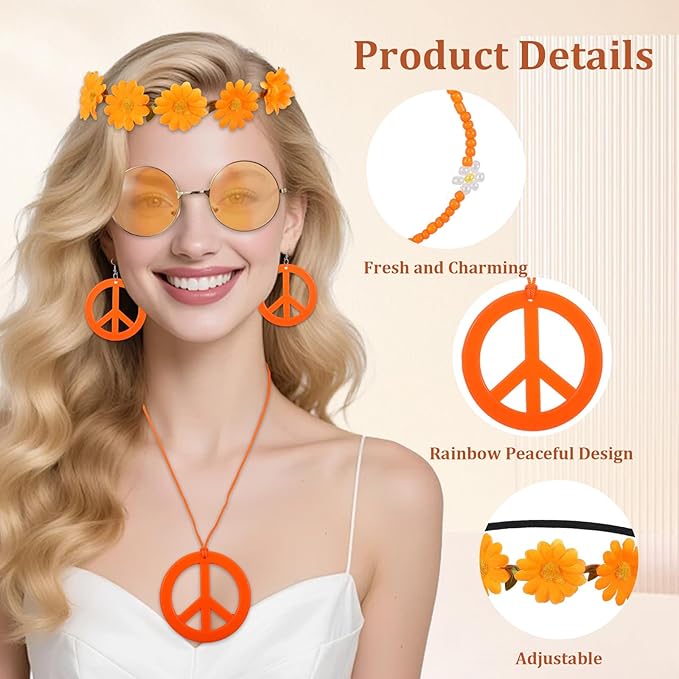 6Pcs Hippie Costume Accessories Set, Boho Peace Sign Daisy Flower Round Hippie Sunglasses and Peace Sign Necklaces and Earrings 60s 70s Party Favors Decoration for Halloween and Christmas Girls Women