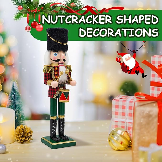 14" Wooden Drummer Nutcracker, Festive Christmas Decoration, Handcrafted Drummer Themed Nutcracker Collectible Christmas Decor for Tabletop, Shelves, and Fireplace Mantel (Drum)