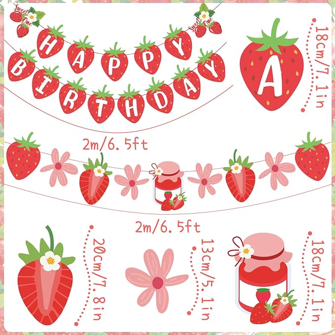 SUNBEAUTY Strawberry Happy Birthday Banner, Berry Sweet Red Fruit Party Hanging Banner, Strawberry Birthday Decorations for Girls 1st Birthday Baby Shower Party Decoration | Pre-Strung