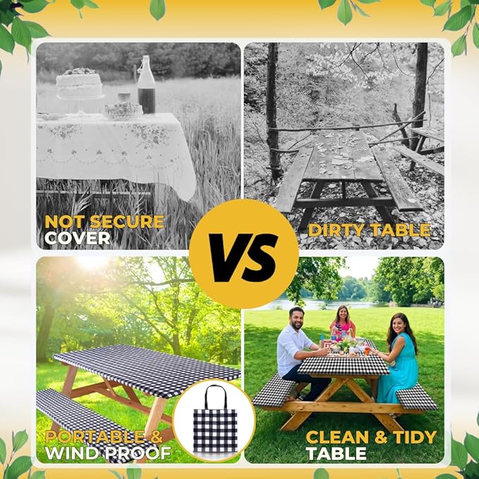RNOONY 8ft Polyester Picnic Table Cover with Bench Covers Windproof & Waterproof Tablecloth, Perfect for Camping Gifts & RV Essentials, Cool Camping Gadgets with Carrying Bag, 96x30 Inches,4Pcs Black