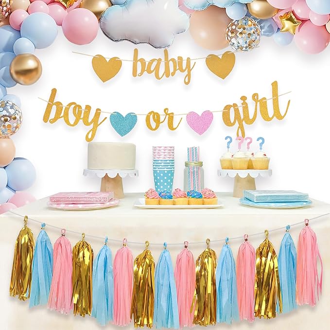 Baby Gender Reveal Decorations - Glitter Letters Baby and Boy or Girl with Hearts Banner, Tissue Paper Tassels Garland Set for Gender Reveal Party Decorations