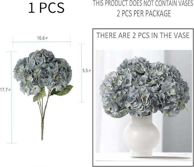 Kimura's Cabin 2Bouquets Fake Flowers Silk Hydrangea Artificial Flowers Bouquets 10Heads for Indoor Home Table Centerpieces Wedding Party Decoration (Lake Blue, Pack of 2)